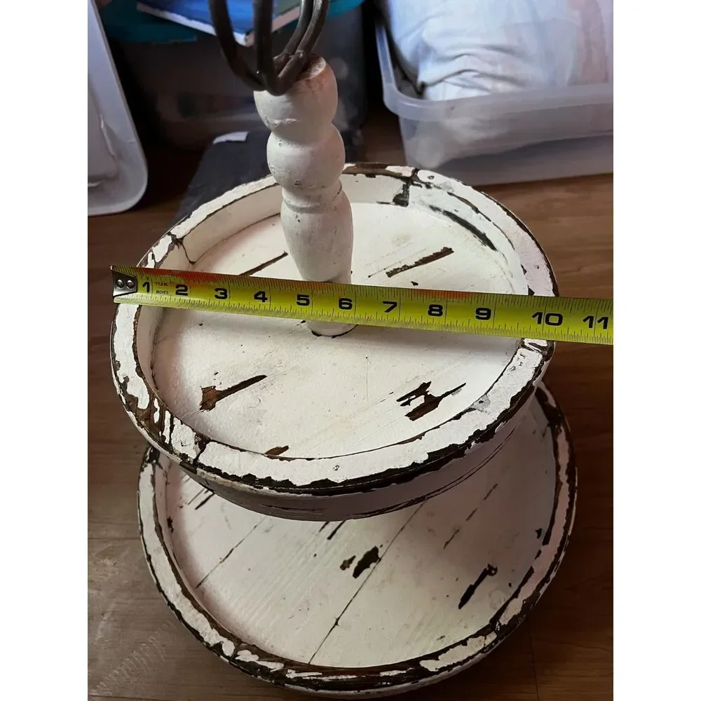shabby chic Storied Home Distressed Cream Wood 2-Tier Tray with Metal Handle